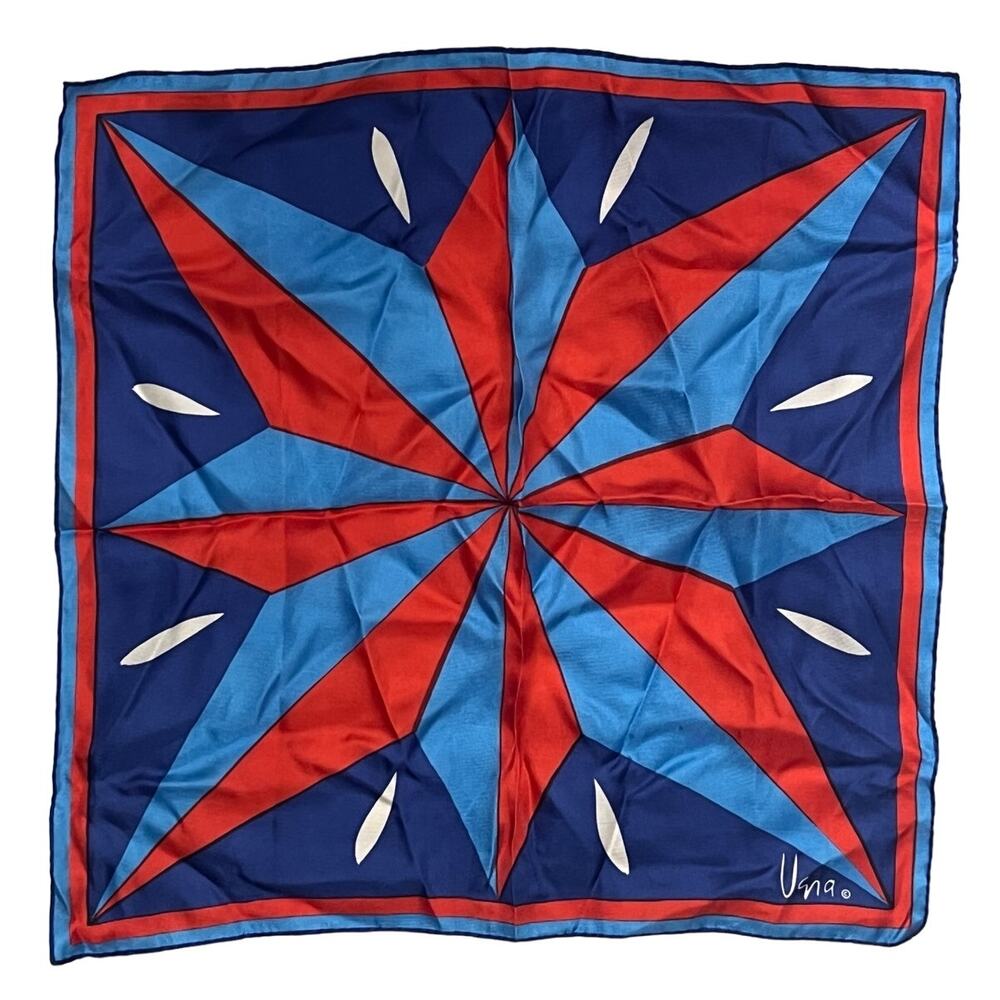 VERA Neumann Silk Scarf ~ Signed ~ Red & Blue Star 17.5" x 17.5" Made in USA